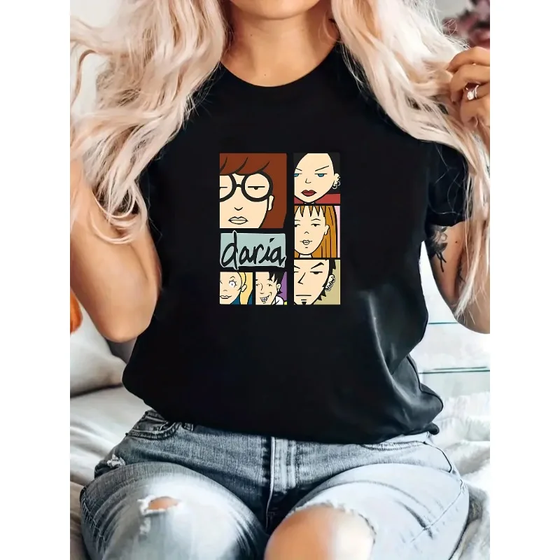 

Cartoon Element Pattern Printed Women's Fashion Trend T-shirt Round Neck Short Sleeved Simple Casual Sports T-shirt Summer Top