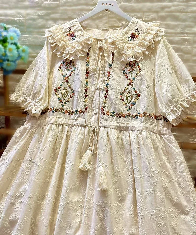 Vintage Retro Cotton Ruffled Lace White Tunic Long Midi Dress Summer Women Rococo Victorian Embroidery Birthday Lolita Dress