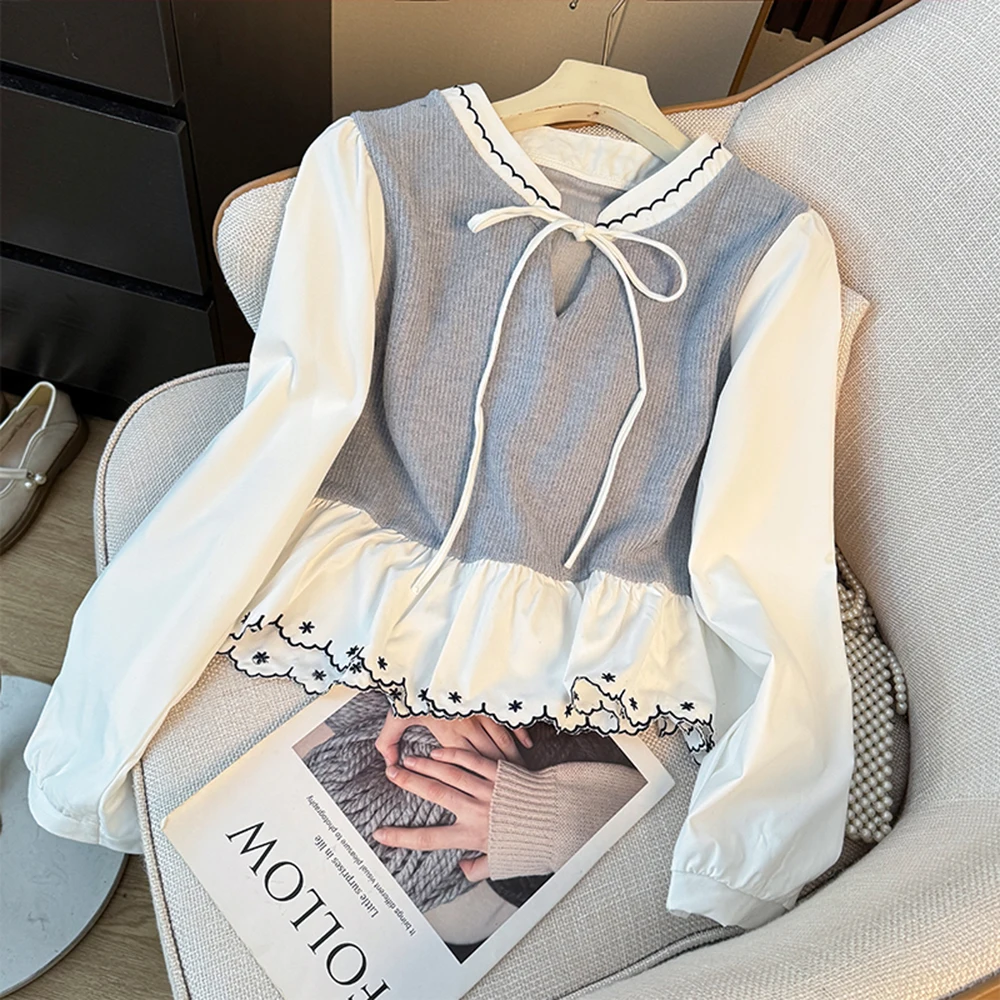 

Bow Tie Lace Up Patchwork Long Sleeve Shirt Ruffle Design Pullover Top Sweet Girly Style Blouse Womens Clothing Casual Wear