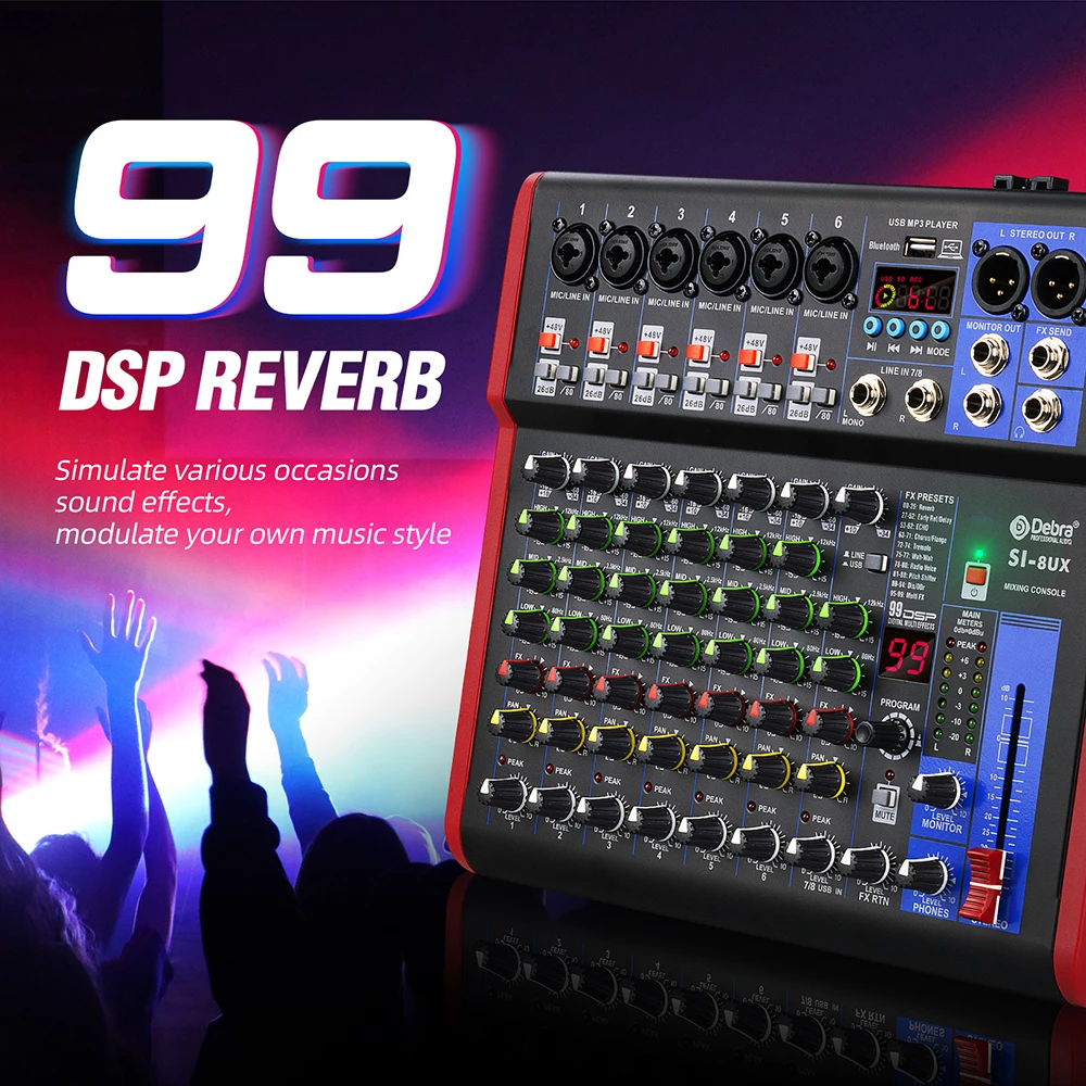 99DSP Audio Mixer DJ Console with Multiple Effects - 2 Mic/Line Inputs, MP3/USB I/O, 20Hz-30KHz - EQ & Delay Effects for 2024