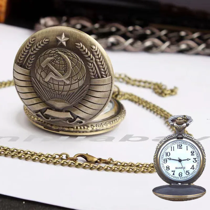 Foreign Trade Large Room Gold Hammer Sickle Icon Pocket Watch Bronze Relief Earth Five-Pointed Star Wheat Pocket Watch Wholesale