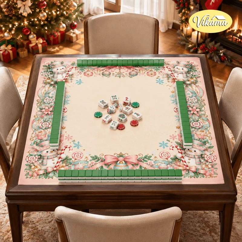 Christmas Pink Snowman Mahjong Table Mat Non Slip Washable Table Cover for Family Game Night Holiday Home Decor