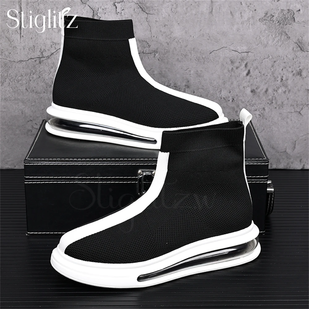 

Color Block Knitted Booties for Men Fashionable Designer Style Ankle Boots Slip on Comfortable Modern Boots Daily Footwear White