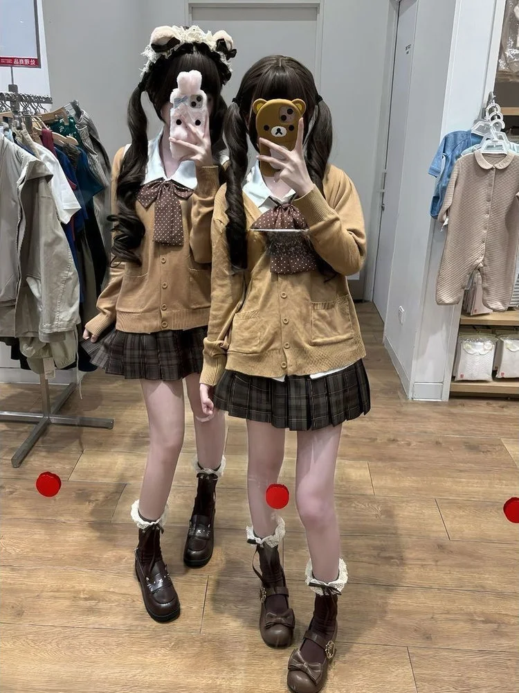 

Оригинальный вязаный свитер JK orm, коричневый открытый кардиган, осенне-зимний многослойный универсальный новый карамельный юбка, весь комплект для колледжа