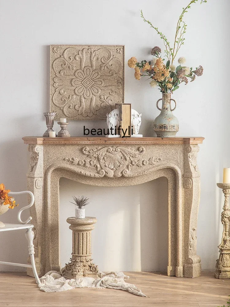 Retro American Fireplace Decoration Solid Wood Simulation Stone Color Fake Fireplace Corridor Home Console