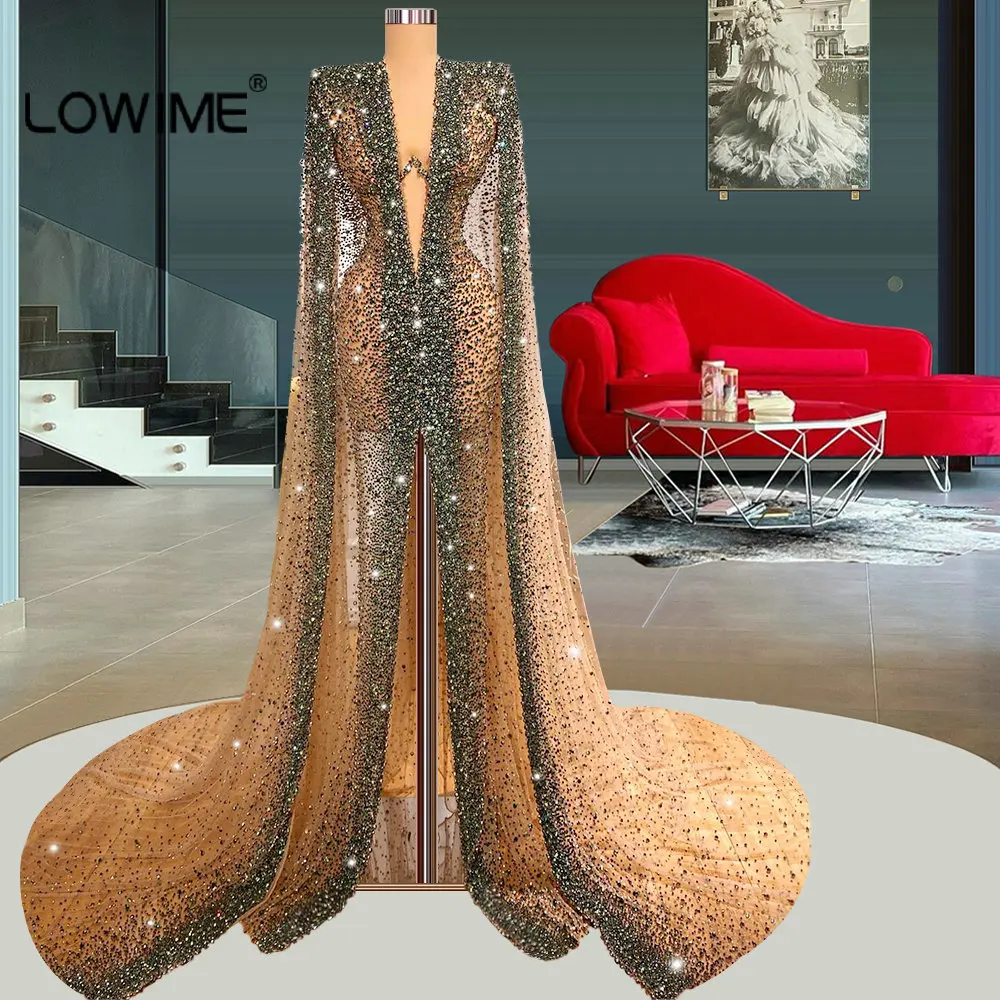 Arabic Kaftans Luxurious Beading Mermaid Evening Dresses with Long Wrap Glitter Sexy V Neck Illusion Front Split Party Gowns