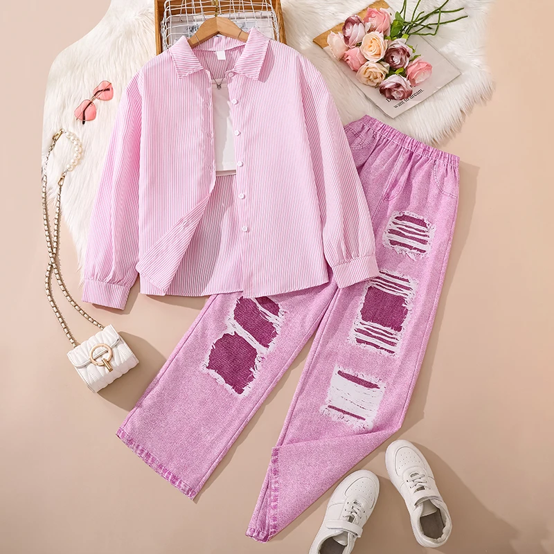 

Young Women's Pink Striped Long-Sleeved Shirt And Imitation Denim Elastic Waist Trousers Casual Spring Autumn Daily Simple Suit
