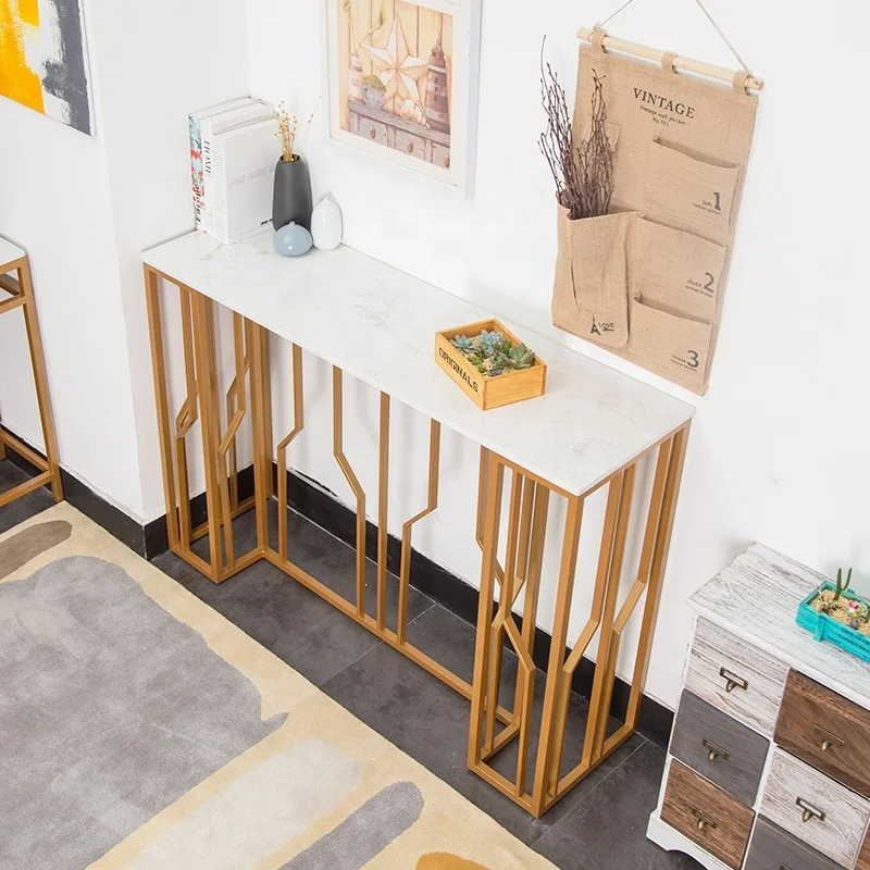 

#qWhite marble modern console table with stainless steel brushed champagne gold