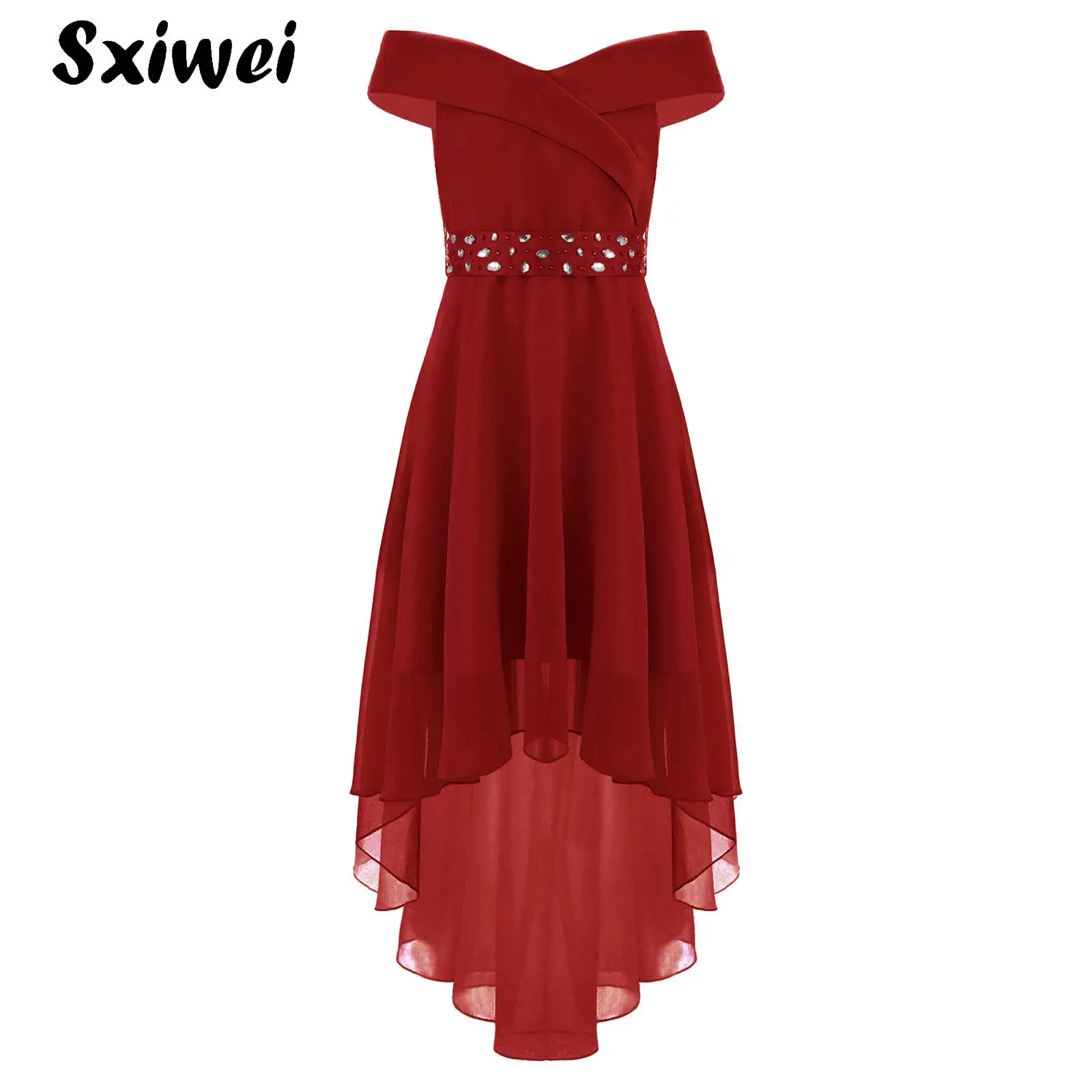 

Kids Big Girls Flower High Low Chiffon Bridesmaid Dress Elegant Wedding Dance Party Sash Off Shoulder Junior Bridesmaid Dress