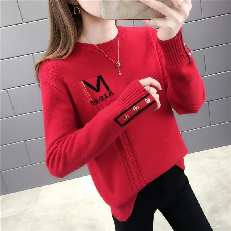 2023 Autumn Winter Women Korean Fashion Letter Button Chic Knitted Sweaters Casual Long Sleeve Loose Pullover Tops Basic Jumpers