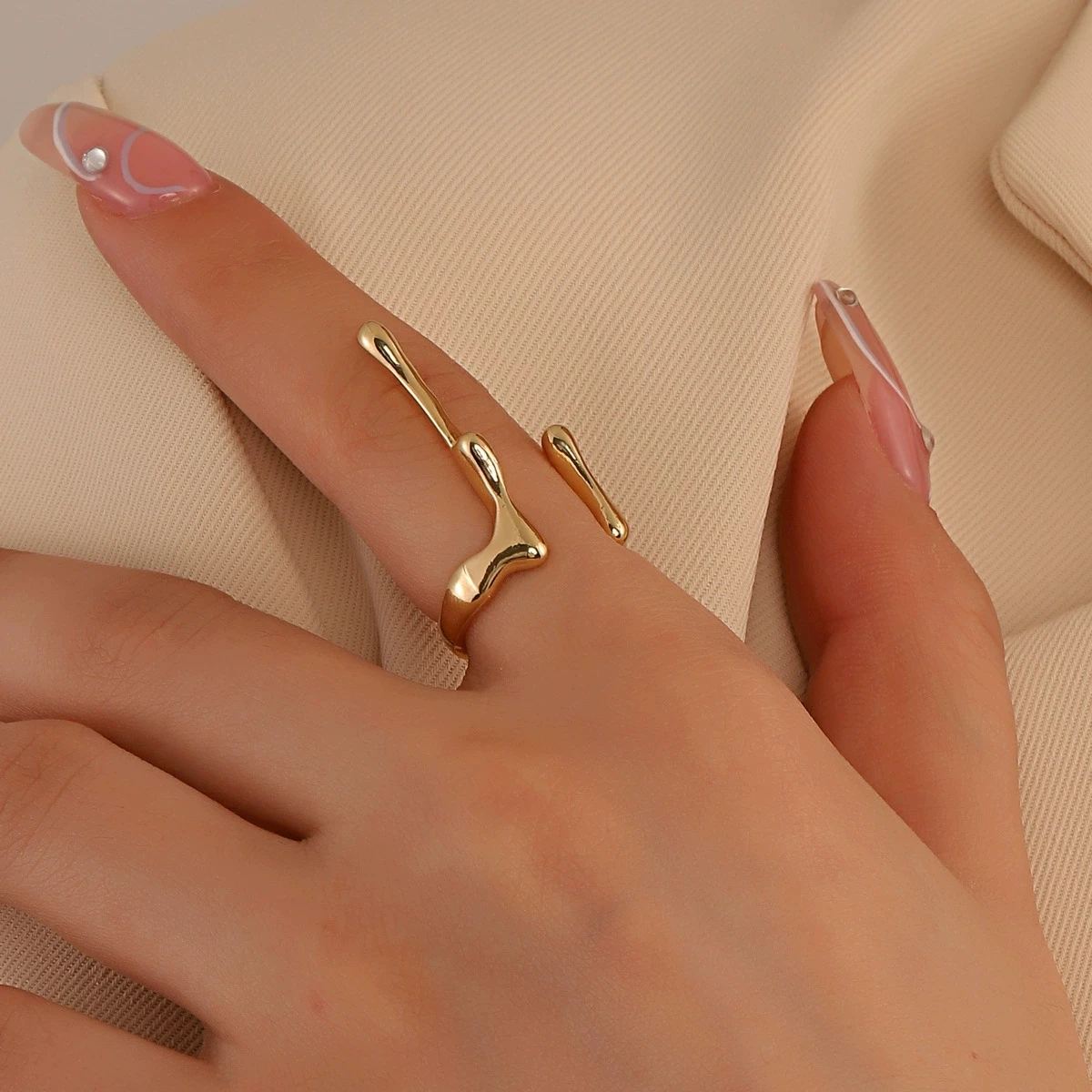 European and American style one character long strip women's open mouth ring, simple geometric magma flowing liquid metal ring