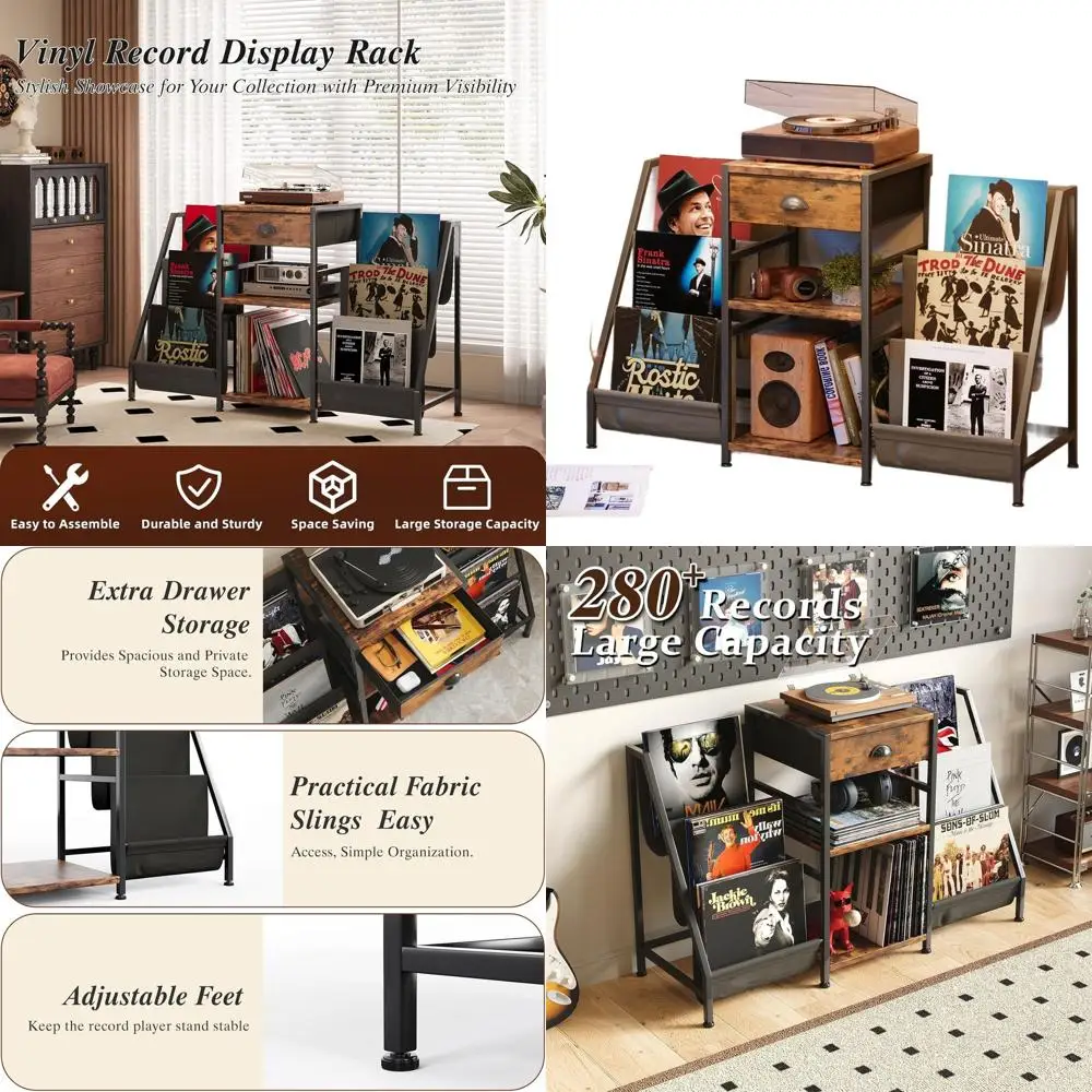 

Стол для хранения виниловых пластинок в деревенском стиле, коричневый, вместимостью до 280 альбомов, с полкой для демонстрации и подставкой для проигрывателя.