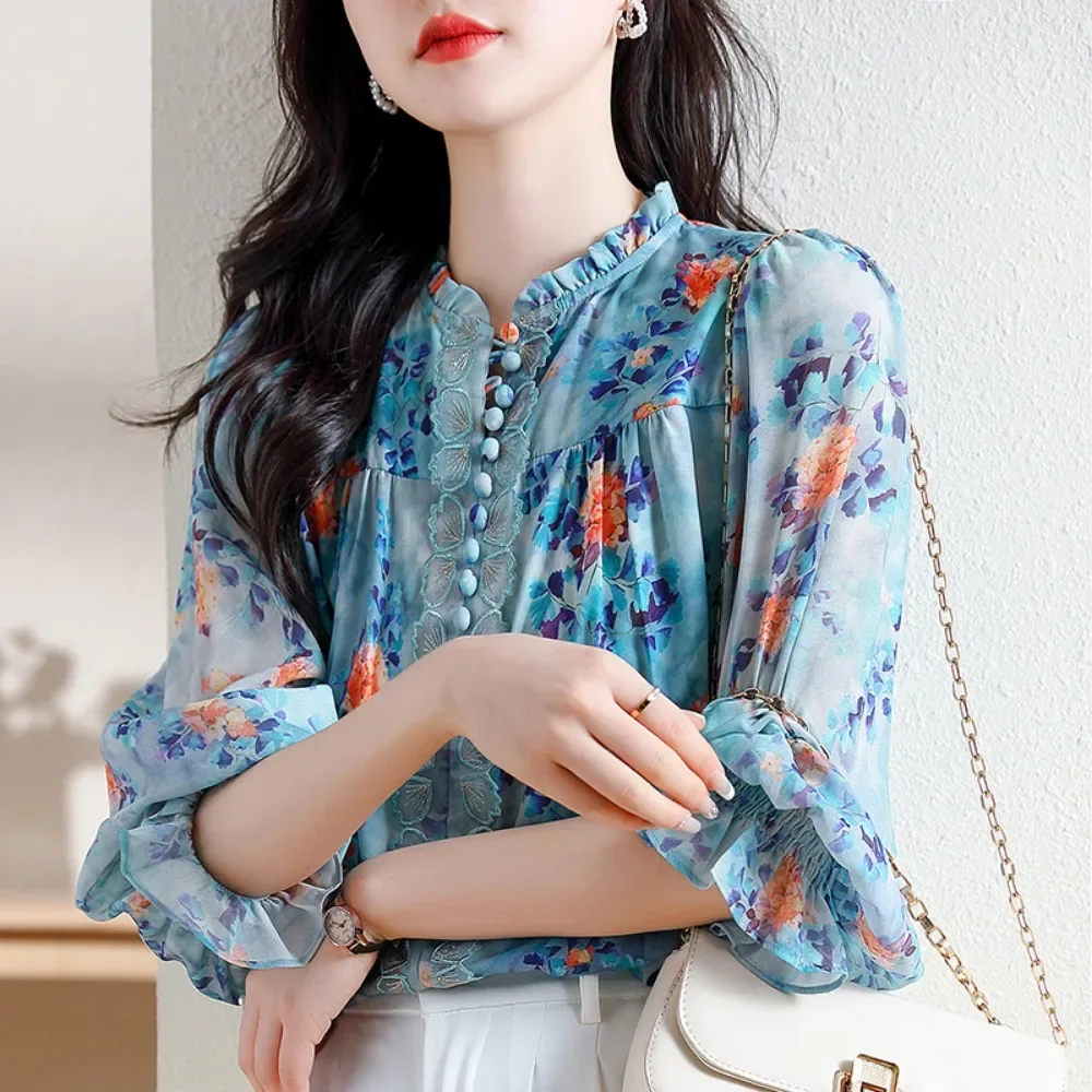 M-3XL SizeHot selling new Korean version high-end and thin style with a slimming temperament printed lantern long sleeved shirt