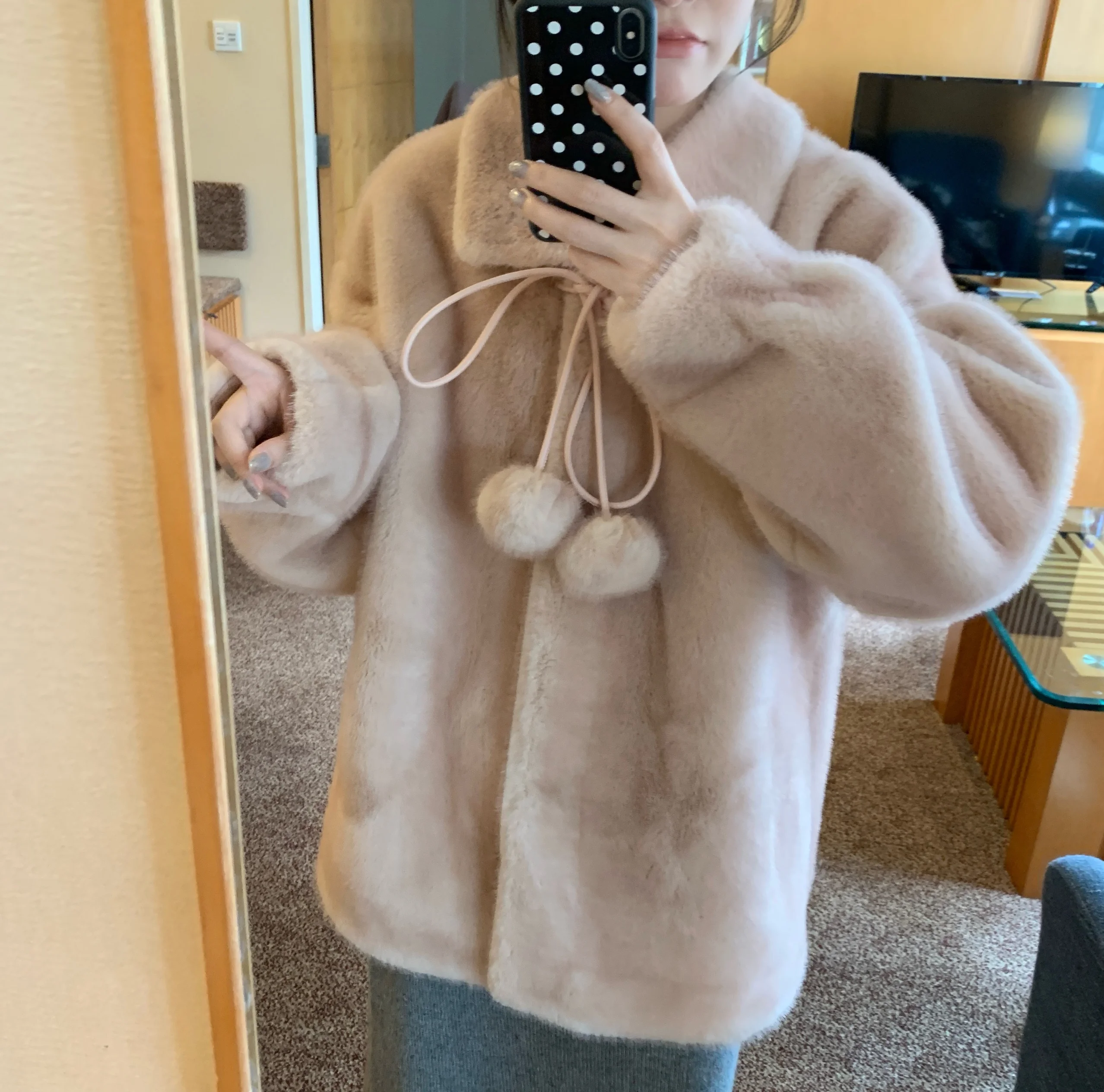 

Yoursjin Pink Fur Ball Inteated Leather Jaet Collar Outerwear Thiened Long Sve Winter Women's Coat