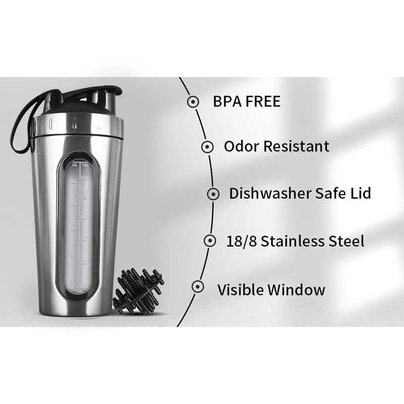 Agitar botellas agitadoras para mezclas de proteínas Coctelera de proteínas de acero inoxidable que no se mantiene frío/caliente, tazas agitadoras de metal con ventana visible-A