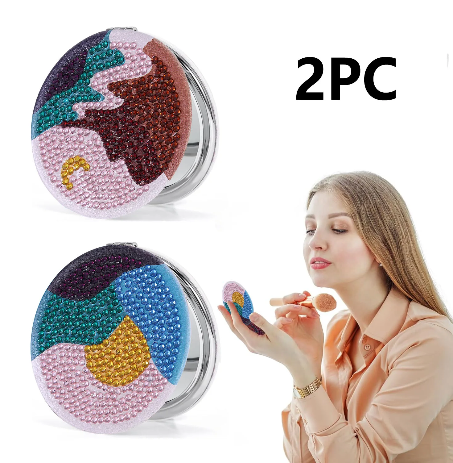 2 Sätze DIY-Diamant-Malerei-Sets, Spiegel mit künstlerischem Landschaftsmuster aus PU-Leder, tragbarer Reise-Make-up-Spiegel