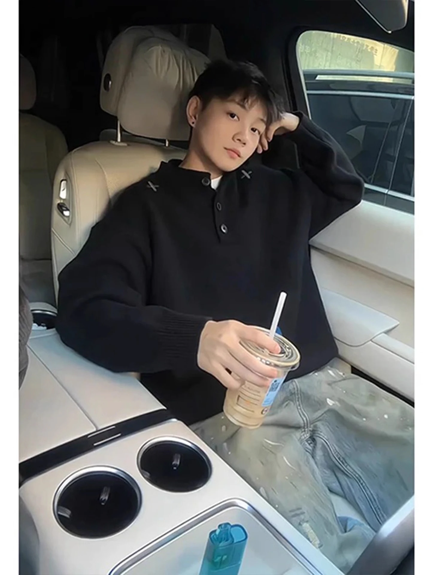 الرجال Bla Ne Knitwear الشتاء Thiened عارضة Sle الداخلية irt فضفاضة تناسب مريحة مادة لينة طويلة Sve #2