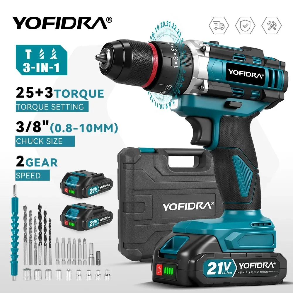 YOFIDRA perceuse à percussion électrique 25 + 3 couple portable sans fil 3IN1 perceuse à percussion outil électrique pour le travail du bois pour Makita 21V batterie broche
