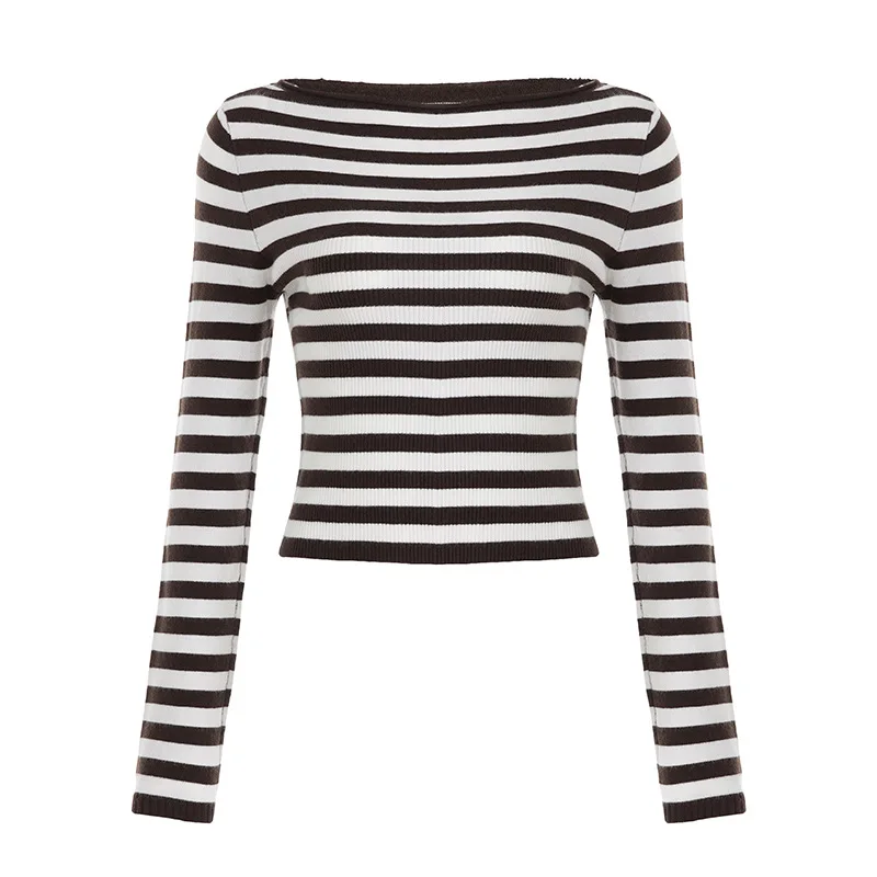 Outono e inverno blusa de lã listrada marrom para meninas picantes casual emagrecimento olhar camiseta de manga comprida com pulôver