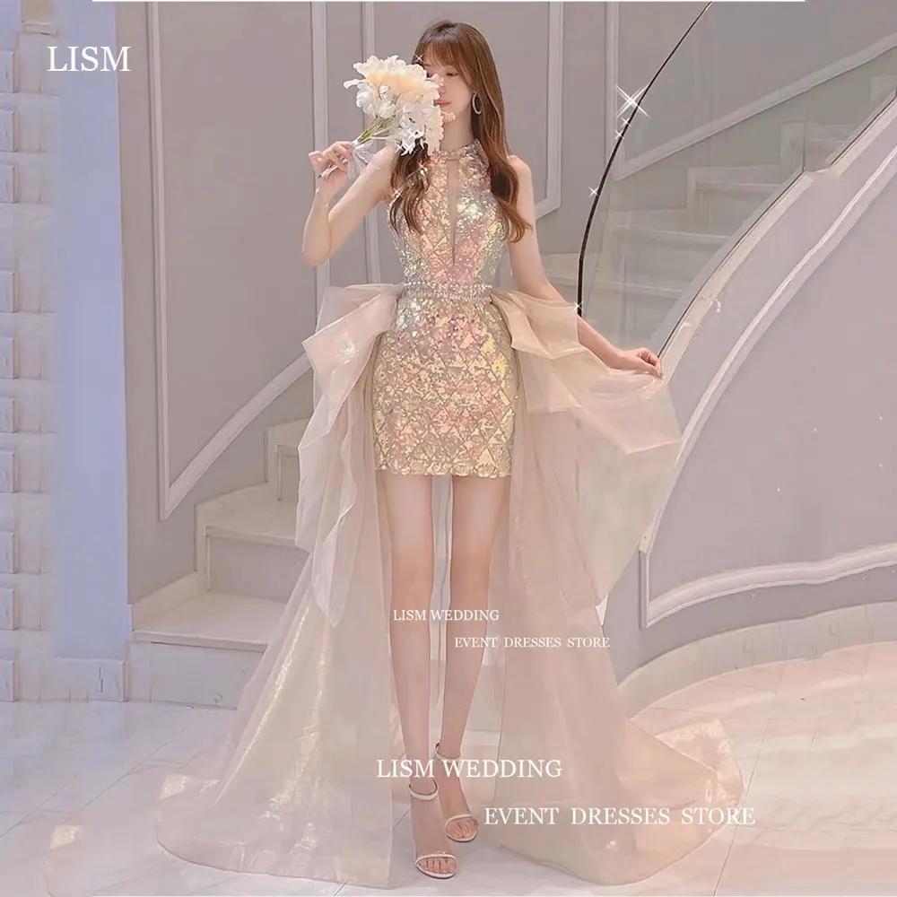 

LISM Short Mini Shining Korea Evening Dress Sparkly Sequin Cut Out Halter Robe Sexy Backless Prom Gown With Big Bow