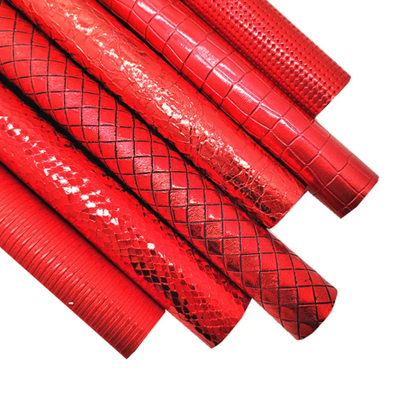 Christmas Red Synthetic Leather Fabric Sheets Crack Leather Weave Grids Stripes Crocodile Pattern for DIY Craft 8.2