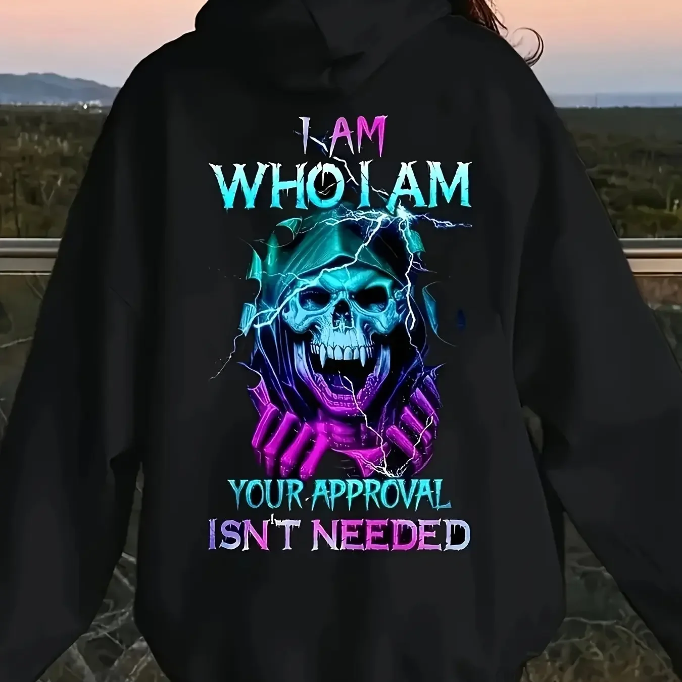 Men's Cyber Gothic Hoodie Grim Reaper Skull I Am Who I Am Graphic Back Print Oversized Pullover Sweatshirt Punk Streetwear