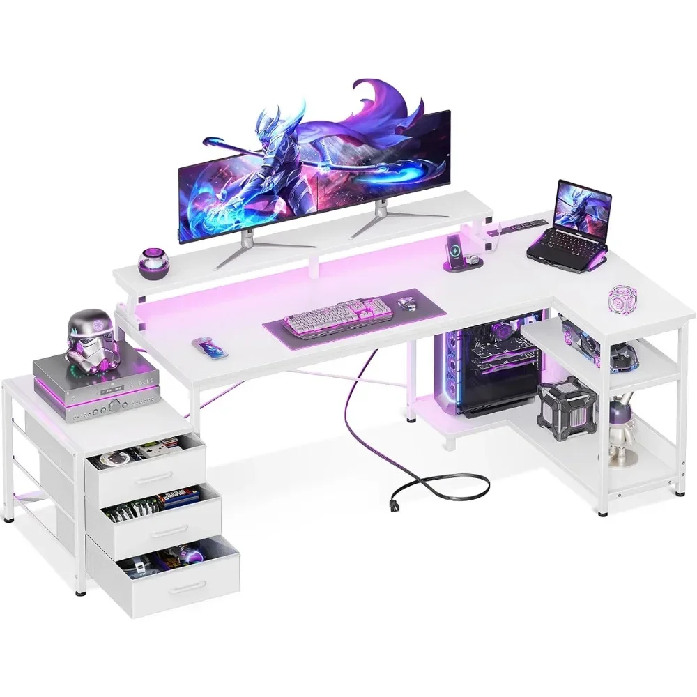 

L Shaped Gaming Desk with Drawers, Reversible Corner Computer Desk with LED Lights , Large Home Office Desk Storage Shelf