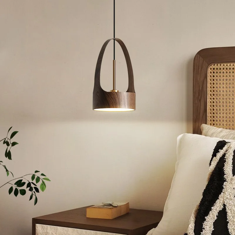 

Bedside chandelier New Chinese Zen bedroom pendant light Walnut wood color small chandelier in the master bedroom simple