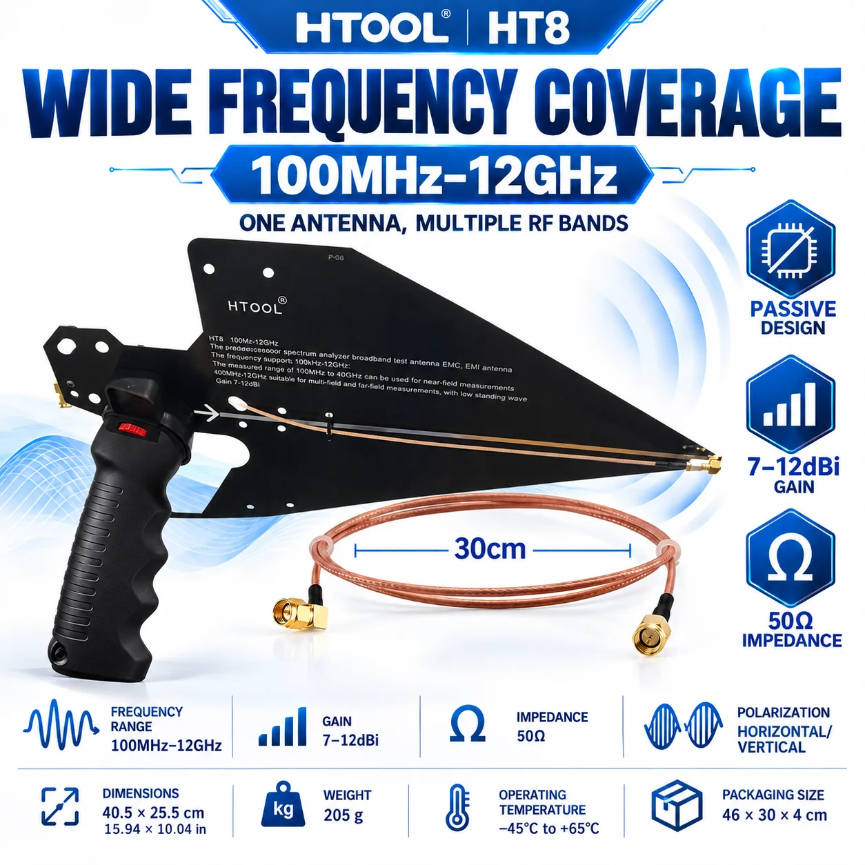 HT8 Wideband Log Periodic Antenna,100MHz-12GHz,7~12dBi,50Ω Passive SMA Antenna for Spectrum & EMC Test, Optional Handheld Grip