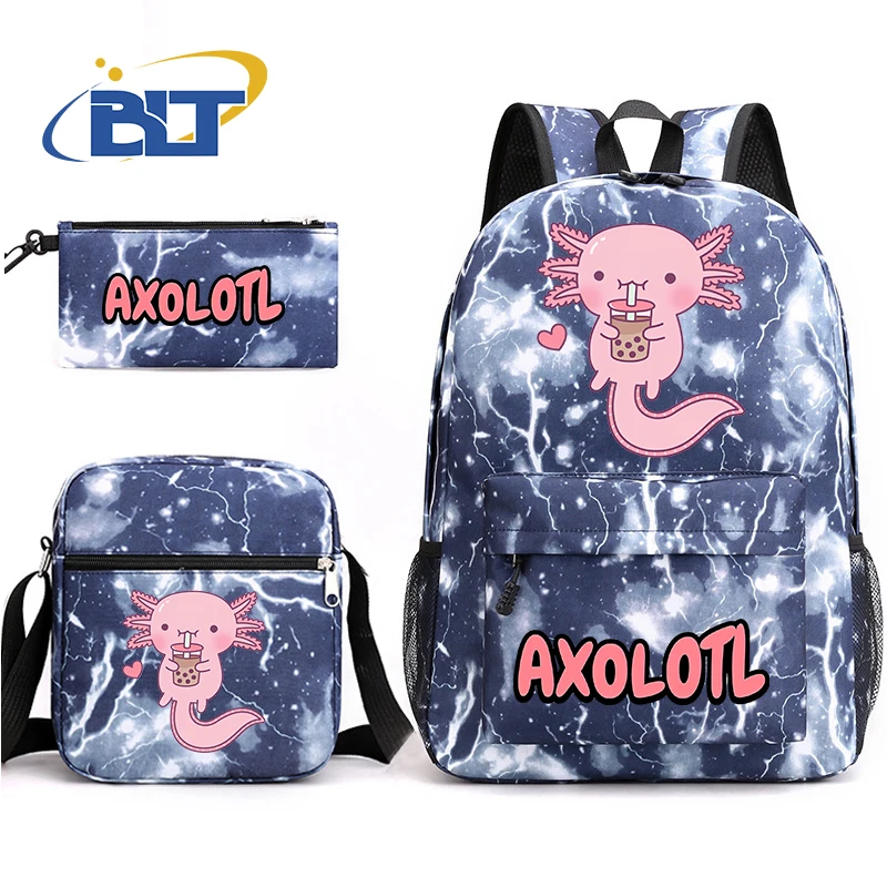 Axolotl tas sekolah anak ransel anak-anak 3 potong, tas sekolah pelajar motif lucu, Set kotak pensil, hadiah anak-anak