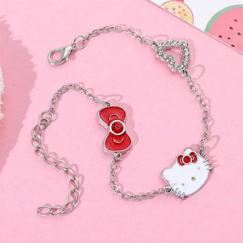 Sanrio Hello Kitty Bracelet Cute Anime Cartoon Fashion Women Necklace Lover Ring Jewelry bow sparkling Girl&Child Holiday Gifts