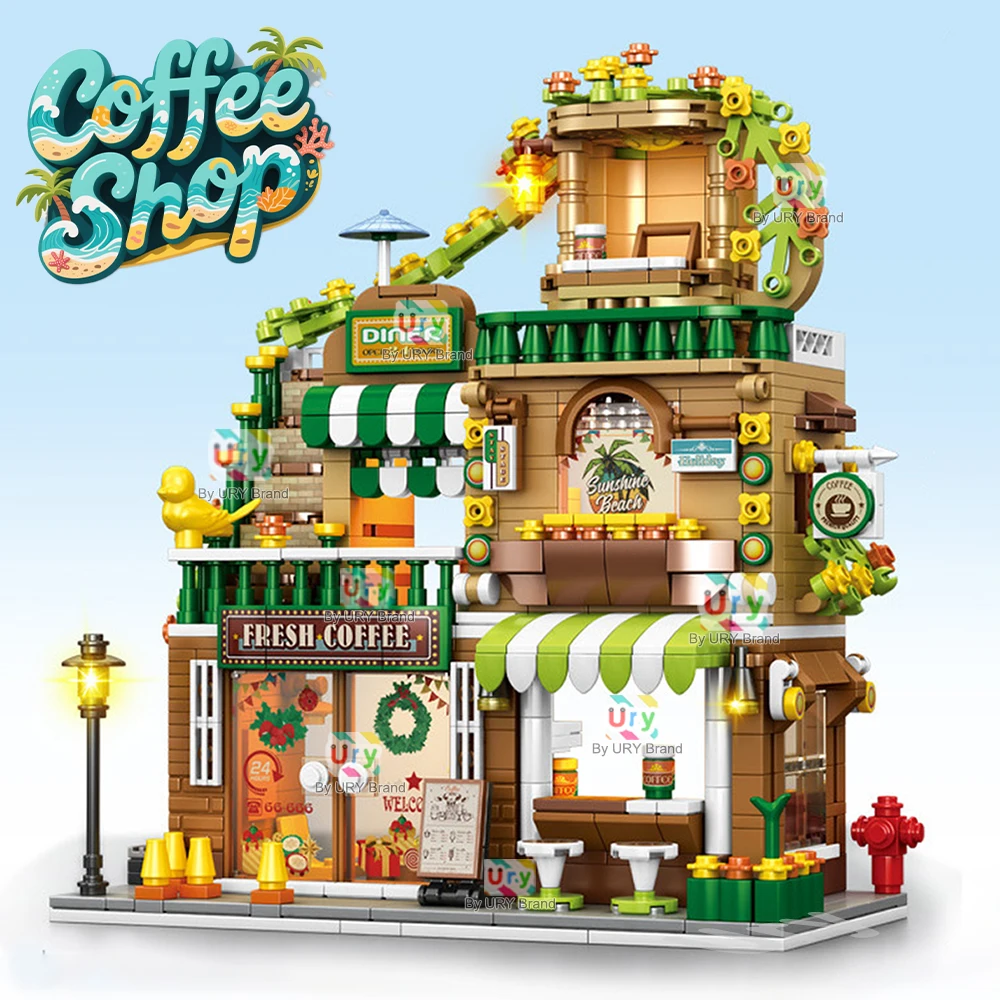 Blocs de construction d'architecture MOC rétro pour enfants, série City Street View, coin de Style Tropical modulaire, café, magasin de boissons