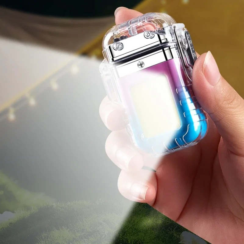 New Transparent Waterproof Lighter Windproof Lighter Plasma Double Arc Flashlight USB Rechargeable Outdoor Camping Lighter