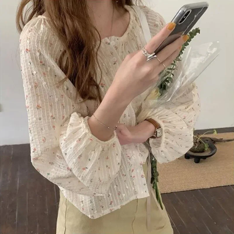 

Chiffon Shirts Women Summer Floral Printing Blusas Long Lantern Sleeve O-neck Blouses All-match Button-up Elegant Simple Tops