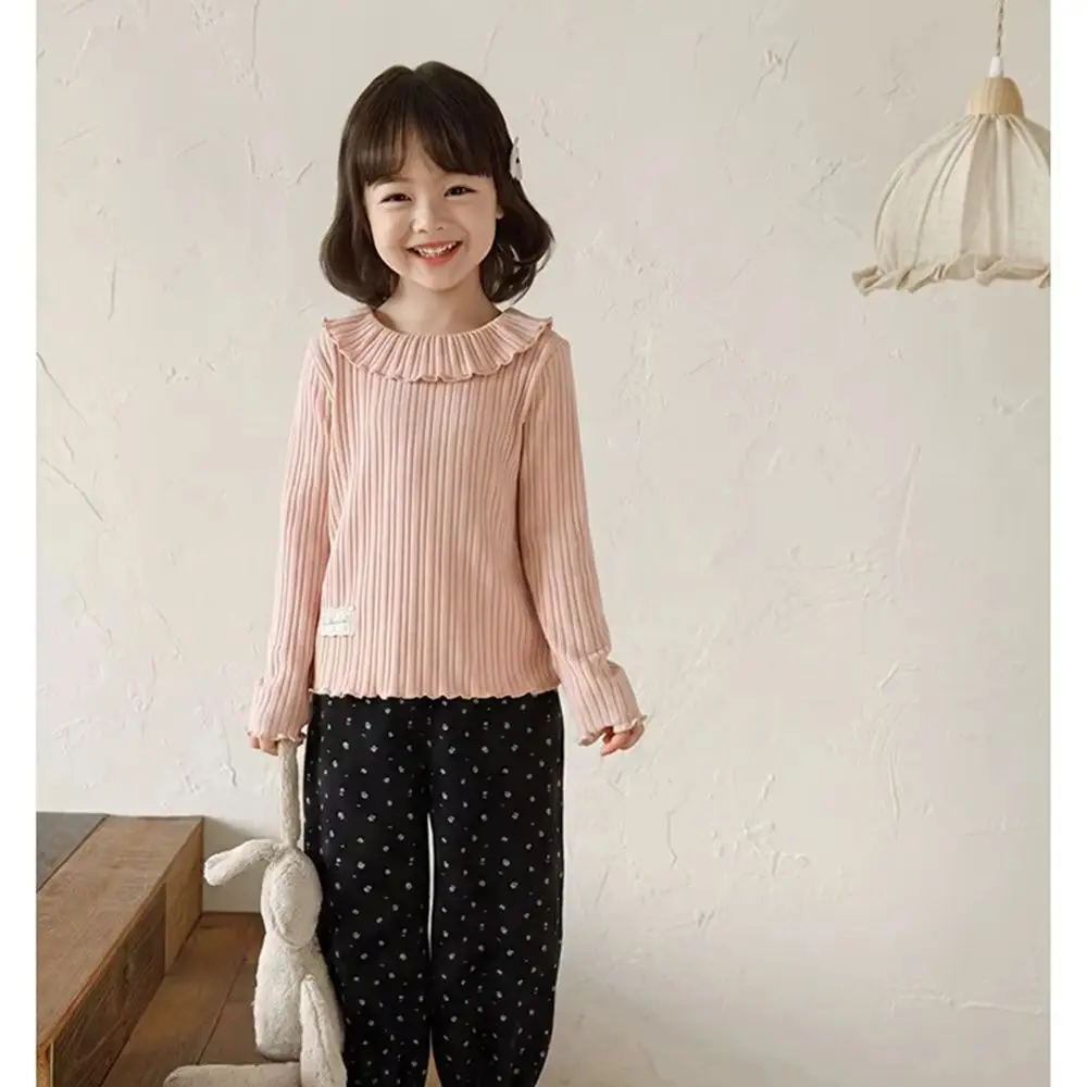 Autumn girls' knitted top Large ruffled collar solid color base shirt Sweet girl's long sleeved pullover