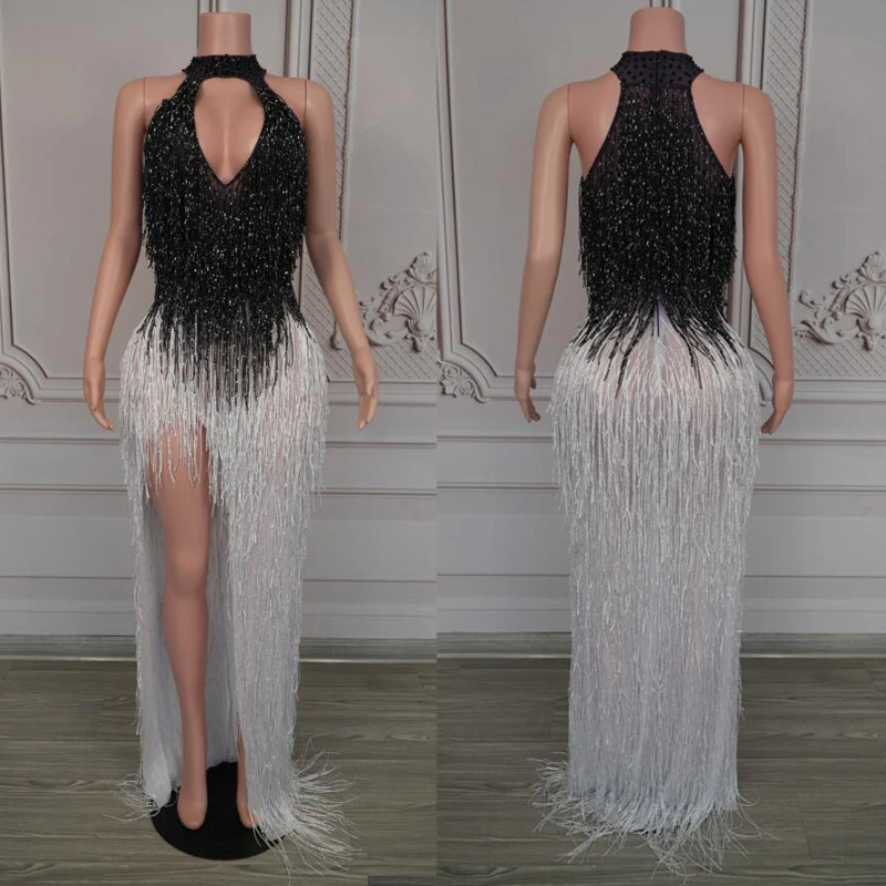 Vestido blanco y negro con flecos degradados para mujer, traje de Festival para Bar y Club nocturno, vestidos de noche para cantante, ropa de pasarela para escenario XS10223