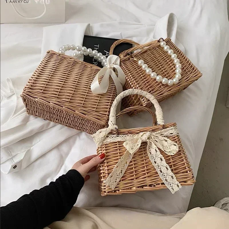 

Straw Bags for Women Square Handbags Summer Rattan Shoulder Bags Handmade Knitted Storge Small Totes Bag 2025 New Fashion women