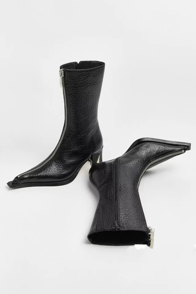 Women's Pointed, Thick, High-heeled Short Boots with Black Side Zipper, Women's Fashion Leather Boots 34-45, Women's Boots