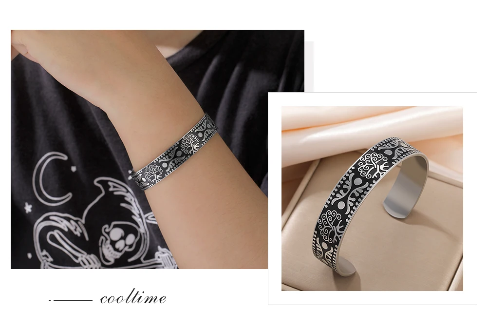COOLTIME Vintage Muster Armband Edelstahl Blume Wort Baum Persönlichkeit männer Manschette Armreif Schmuck Zubehör – Detail 11