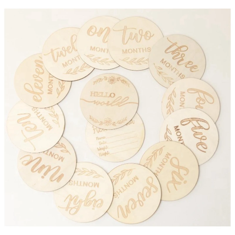 Wooden Milestone Cards And Discs 14Pc Set For Baby Photos And First Year Milestones Durable Easy Install Easy To Use