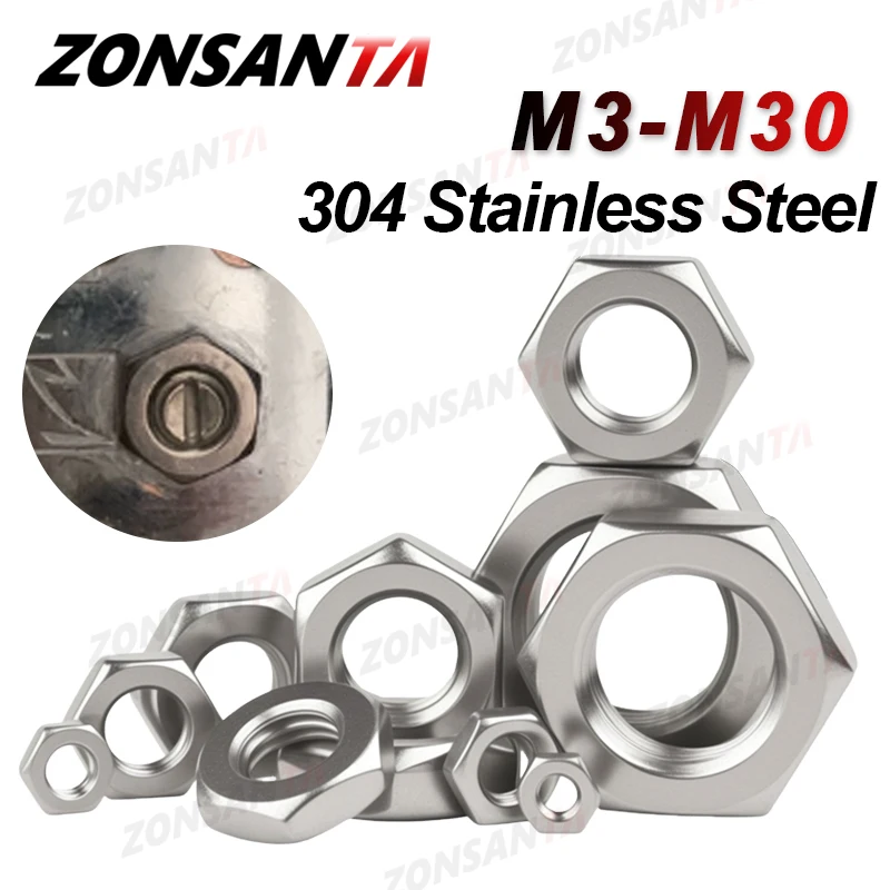 M3 M4 M5 M6 M8 M10 M12 M14 M16 M18 M20 M24 M27 M30 DIN439 304 Stainless Steel Flat Hex Hexagon Wafer Low Thin Jam Nut