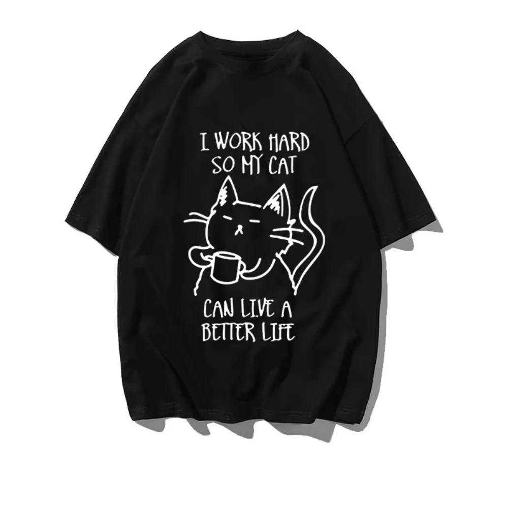 Pure Student Women's Casual English Letter Cat Literary Cartoon Interesting Design Round Neck Print Women's T-shirt Top Y2K Tops