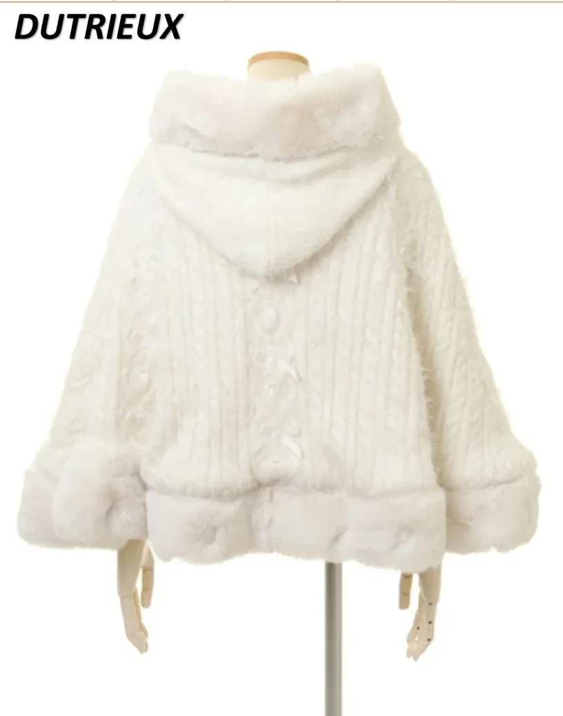 Autumn and Winter Japanese Hairy Mine Knitted Cape Jacket Sweet Girls Hooded Bow Single-breasted Versatile Sweater Coat