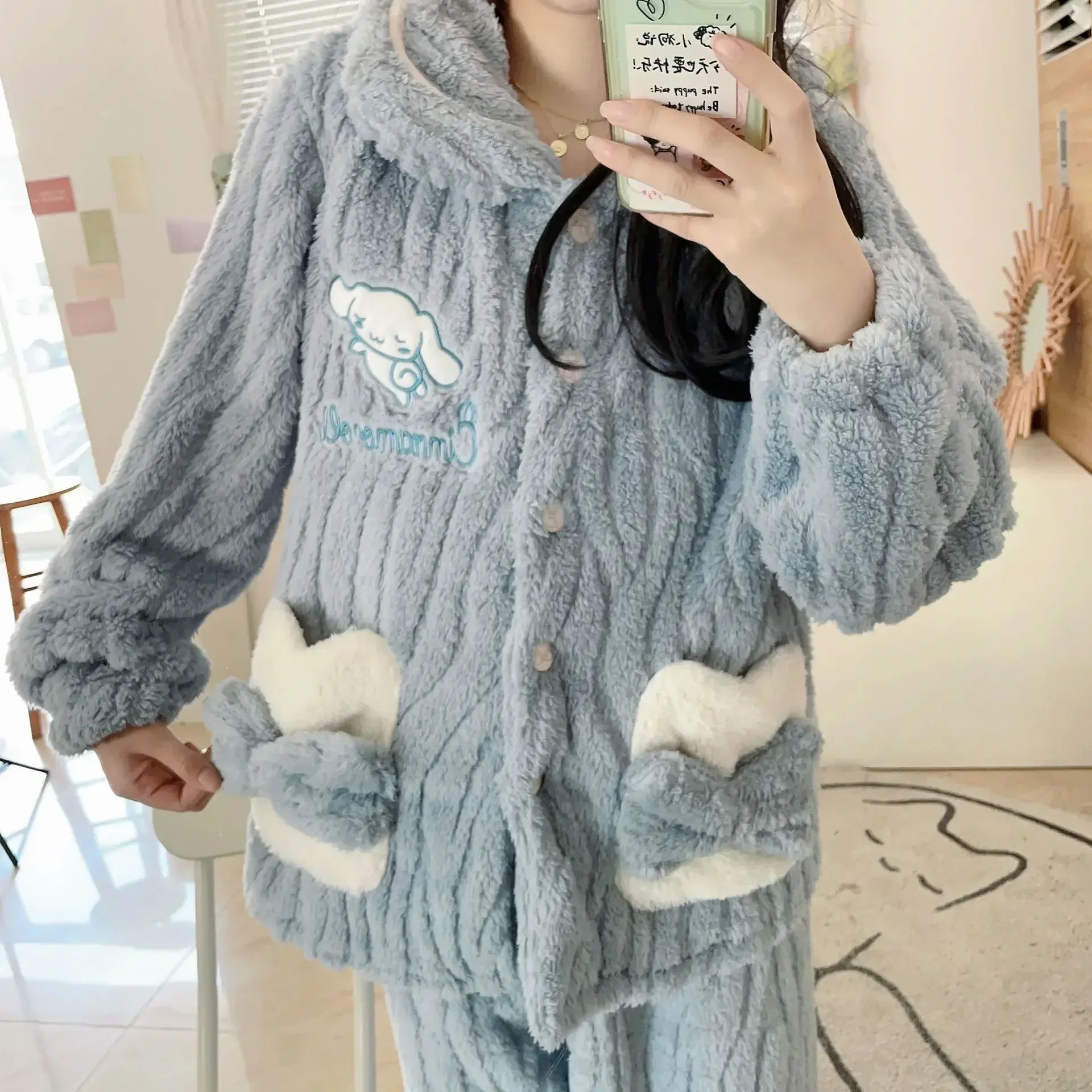 Kawaii Pompompurin Plush Fluffy Pajamas Set for Girls Women Sanrio Cinnamoroll Long-sleeved Shirt with Pants My Melody Sleepwear