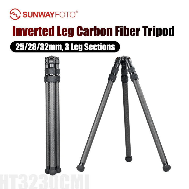 

SUNWAYFOTO HT3230CMI Перевернутая нога из углеродного волокна без центральной колонки, 32 мм, 3 секции, высота 69 дюймов, нагрузка 66 фунтов. (26 кг)