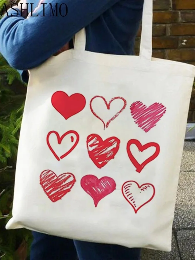 

Холщовая сумка на плечо с принтом сердца на день Святого Валентина, легкая просторная большая сумка для женщин, покупок, работы, школы, путешествий, фестивальный подарок
