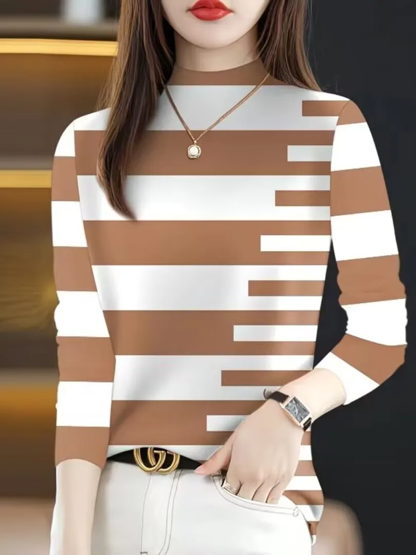 Fashionable Long Sleeve Printed T-Shirt Women's Casual Style High Neck Top Trendy Spring 2026 Garment from China for Ladies