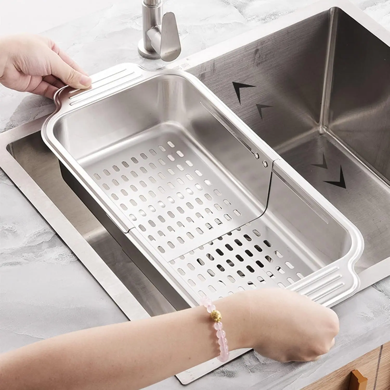 

ZDRongZhen Kitchen Supply-Over the Sink Colander Strainer Basket Stainless Steel Retractable Kitchen Sink Basket -Wash Vegetable