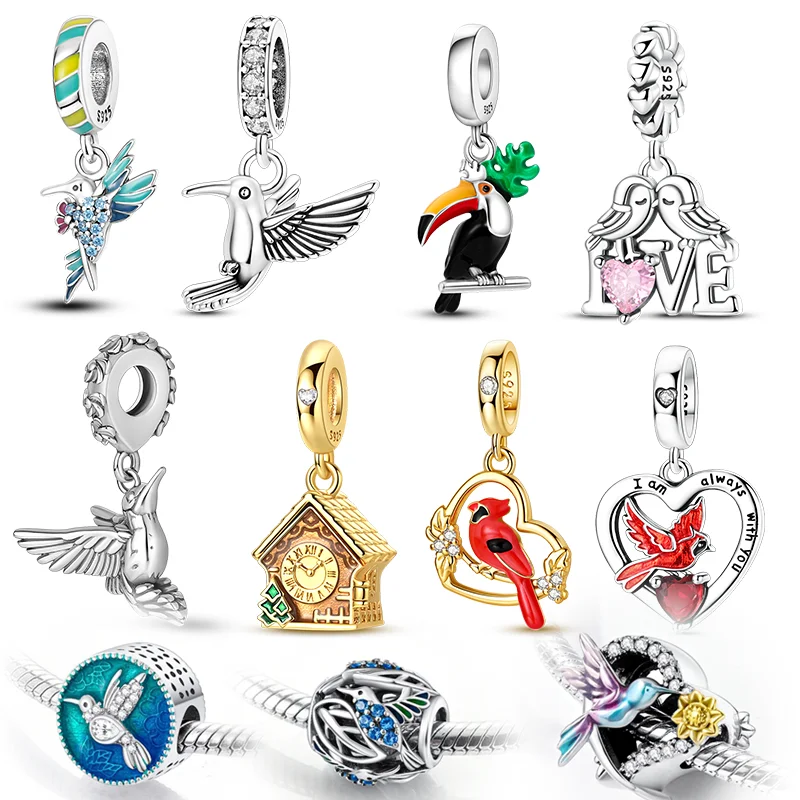New 925 Sterling Silver Charms Beads Hummingbird Great-billed Bird Cardinal Dangle Fit Original Bracelet Women Jewelry DIY Gift