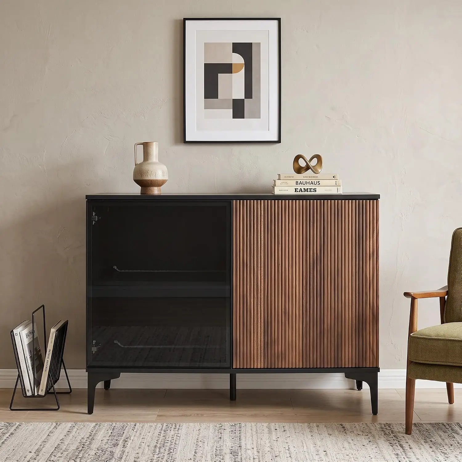 39"W Small Fluted Buffet Sideboard Cabinet with Storage & Smart LED, Walnut, Customized
